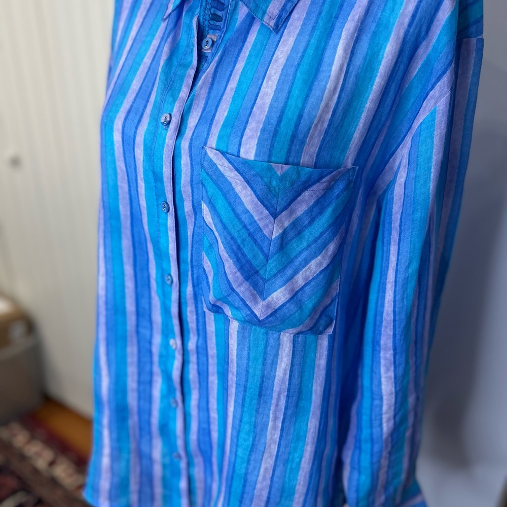 Johnny Was. Oslo Striped Linen blouse, blue/lavender. SZ L. Like new! Worn once. - Picture 2 of 11